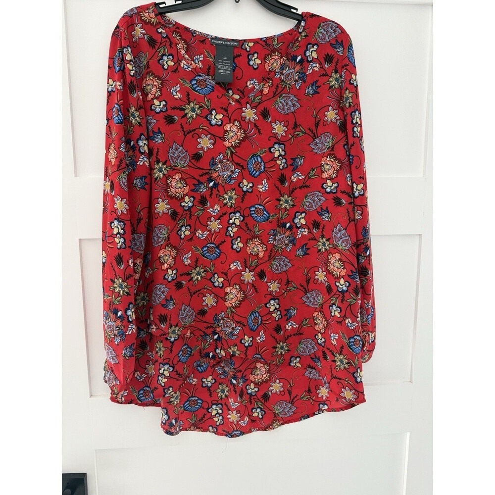 Chelsea & Theodore Red Floral V-Neck Long Sleeve Pullover Blouse Top sz Large